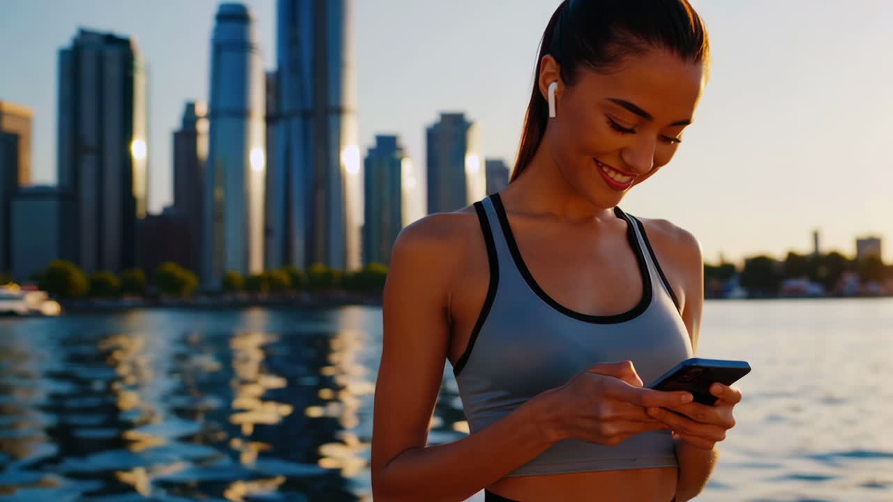 Woman using phone in city at sunset