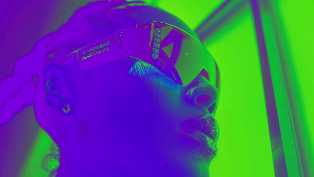 robot cyborg femenino con auriculares de realidad virtual hecho en ai