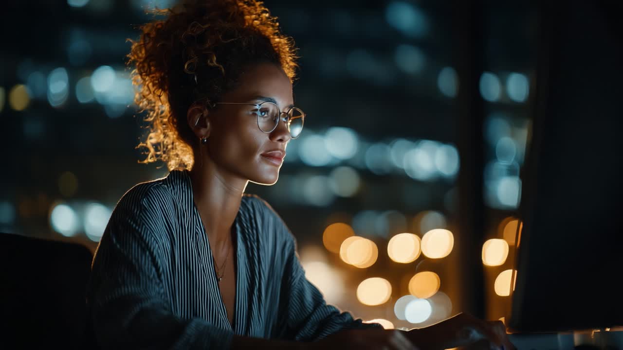 Focused Individual Working Late at Night on a Computer Surrounded by Glowing City Lights, Capturing the Essence of Productivity and Modern Technology