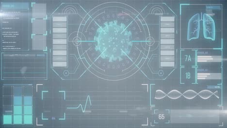 Animation of macro coronavirus Covid-19 cell analyzed on a screen with medical information
