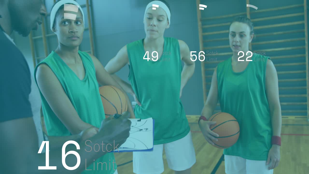 Basketball coach pointing at clipboard and overlays fluctuating beating shot clock guiding team