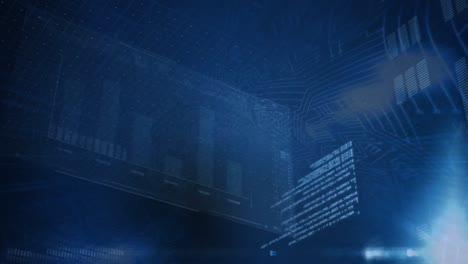 animación del procesamiento de datos y pantallas sobre fondo azul