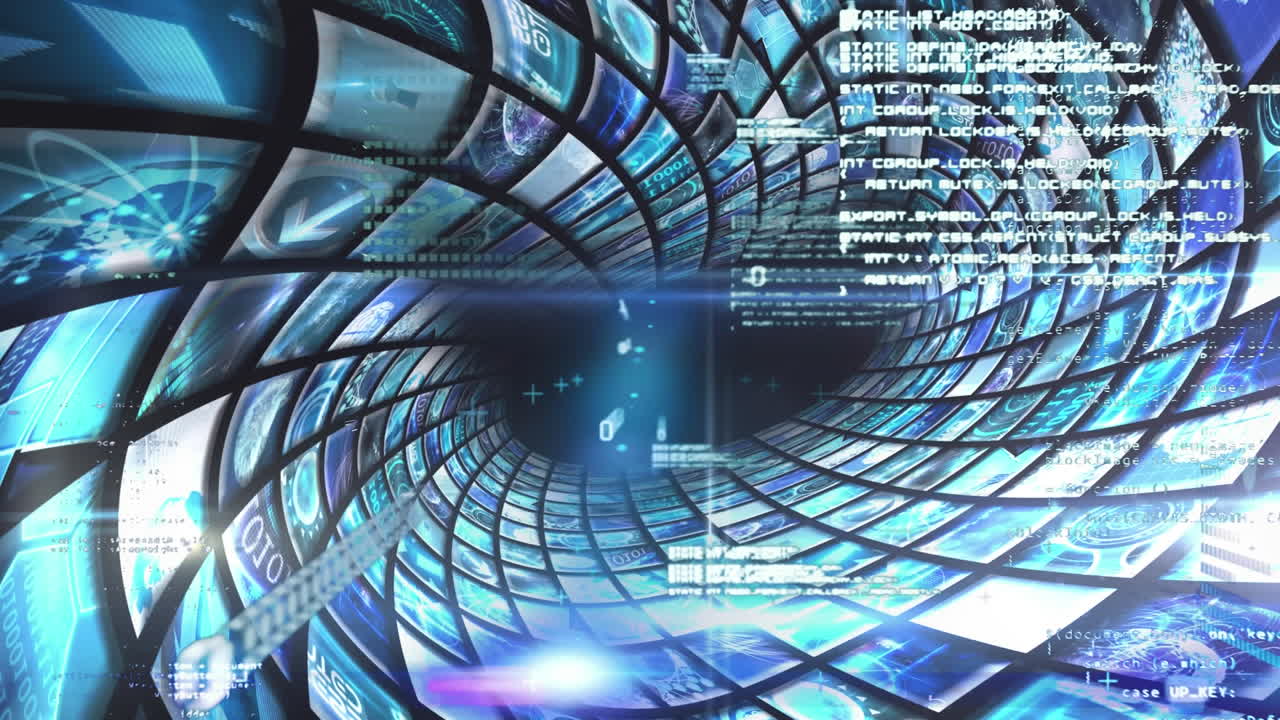 Animation of data and information floating over a tunnel made of screens