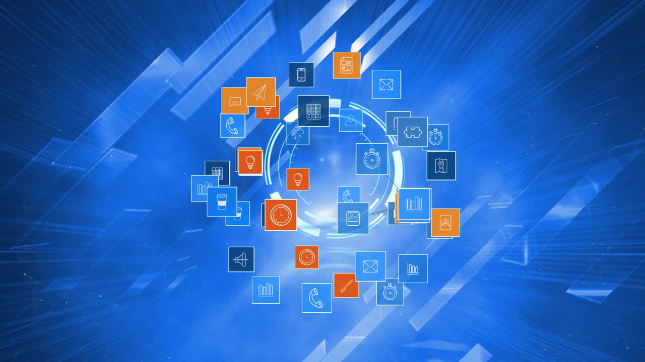 animación de globos y iconos digitales a través de la red de conexión