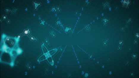 forming radial pattern, abstract blue shapes and numbers on dark background animation