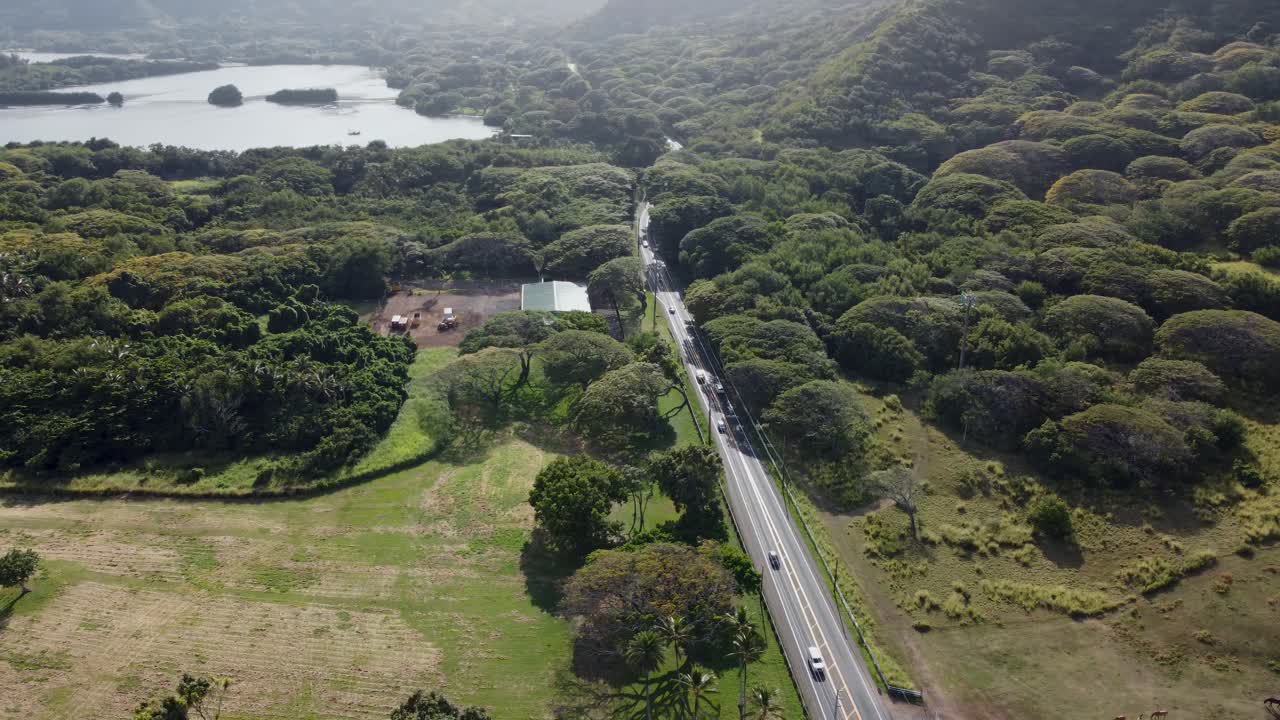 오아후 섬 북쪽 해안 근처의 배경에 연못이 있는 도로를 따라 운전하는 자동차의 4k 시계 방향 드론 샷