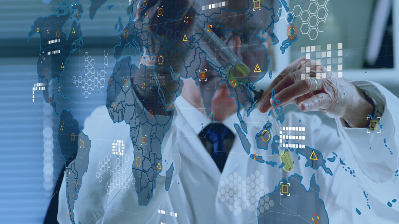 Animation of data processing over caucasian male scientist in laboratory