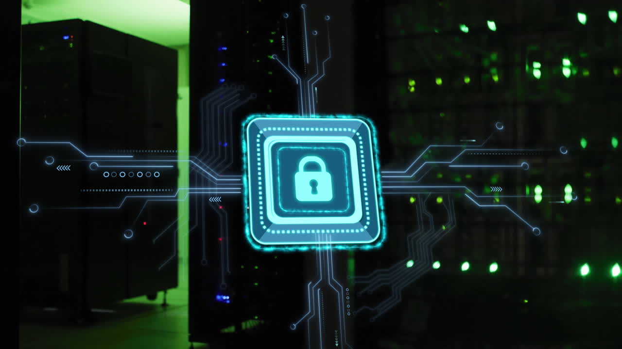 Animation of padlock with connections over server room