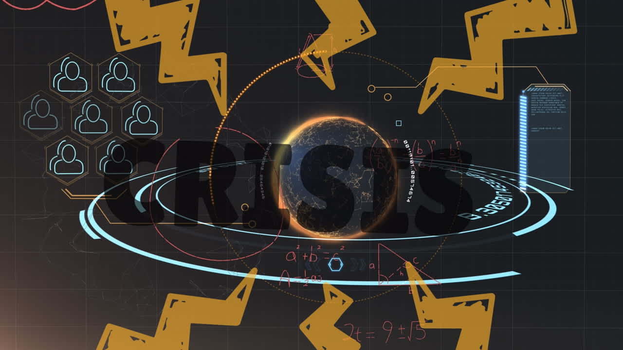 갈색 배경에 위기, 지구, 플래시 및 기술 아이콘의 애니메이션