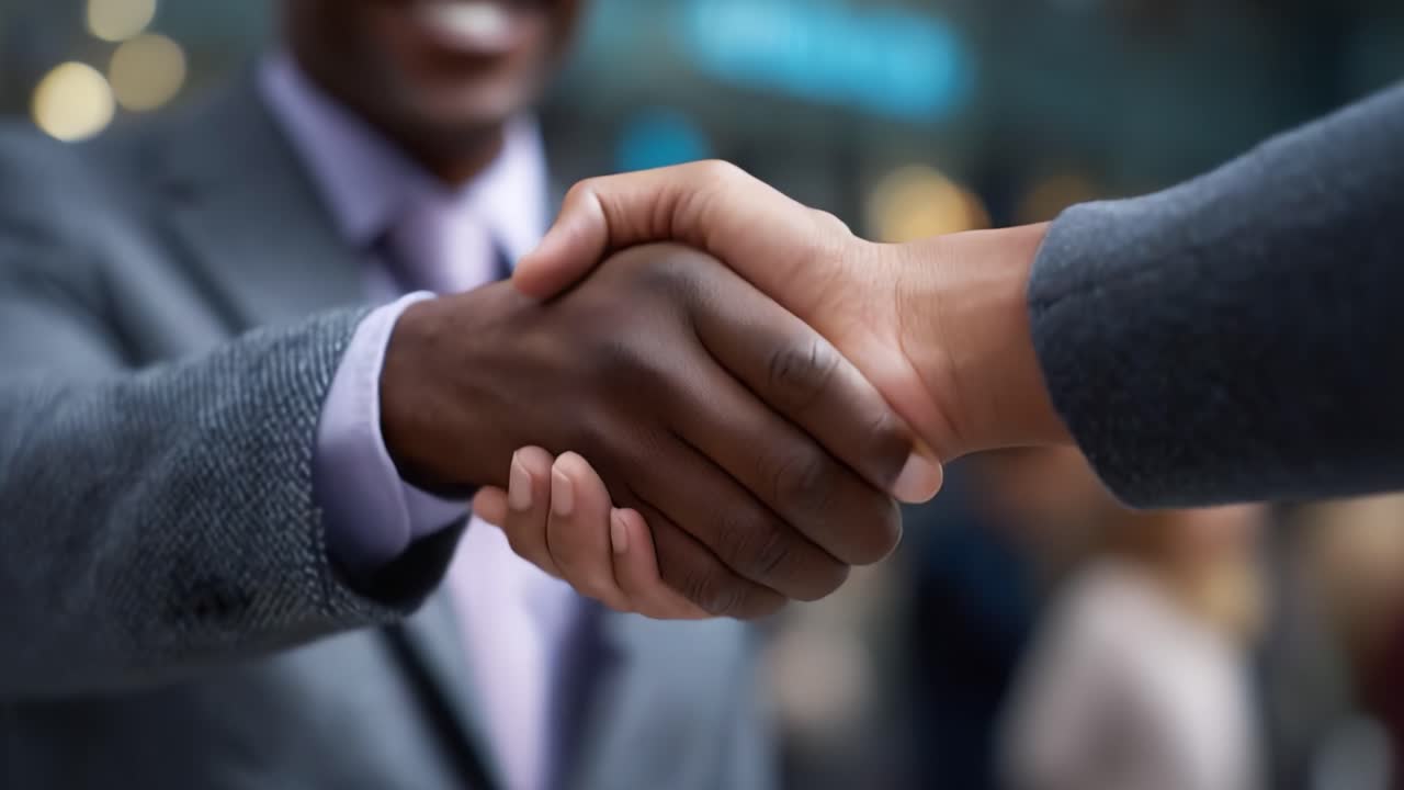 Professional Handshake Between Two Individuals in Business Attire Signifying Agreement, Collaboration, or Deal in an Urban Environment with Blurred Background