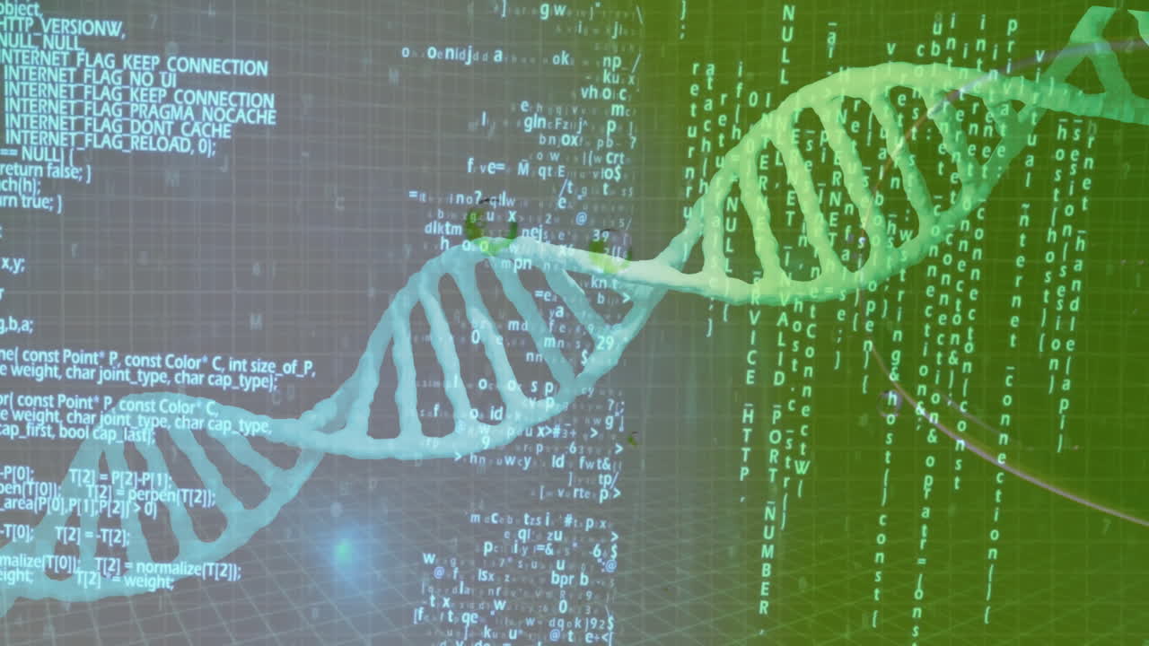 녹색 배경에 있는 거품과 dna 줄에 대한 데이터 처리의 애니메이션