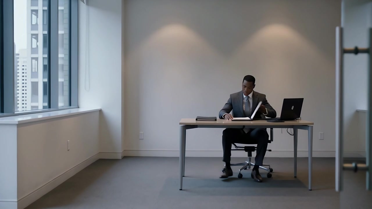 Voltandosi dalle finestre, un uomo in abito si dirige verso la scrivania ad angolo, organizzando tablet, laptop e preparando il lavoro.