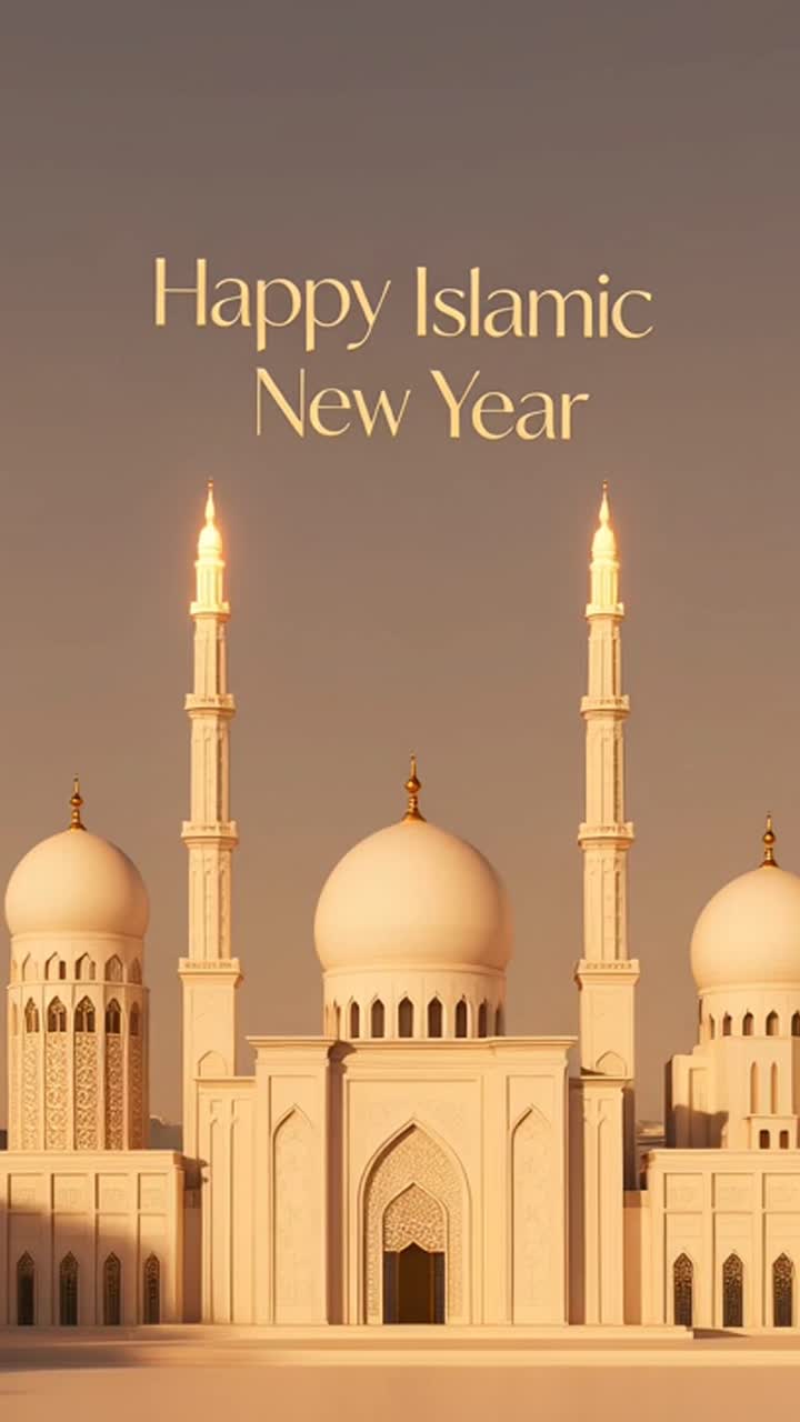 Auguri di buon anno nuovo islamico con cupole di moschee e minareti.