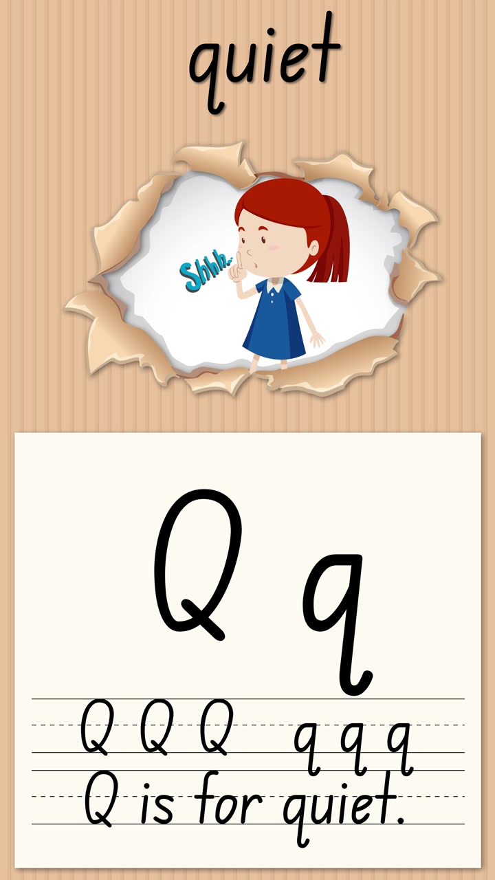 Animated vertical video teaches the letter Q using handwriting practice and a quiet girl illustration