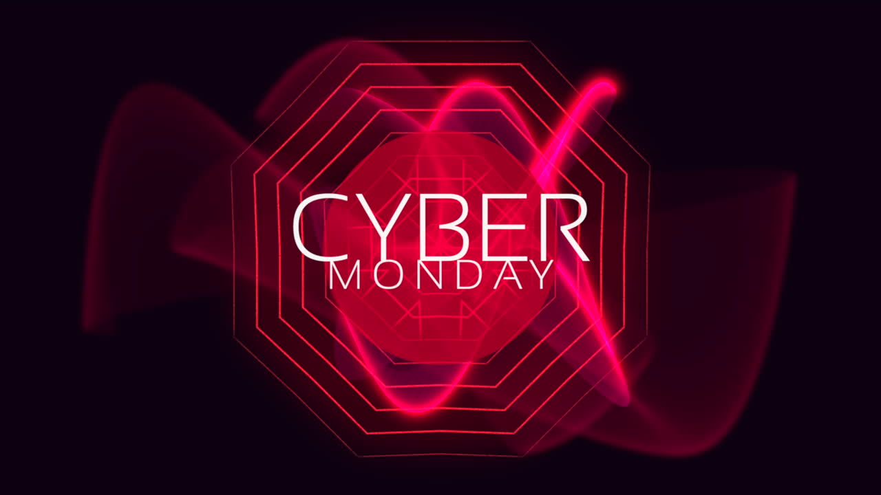 블랙 그라디언트에 네온 파동 패턴을 가진 사이버 월요일 텍스트