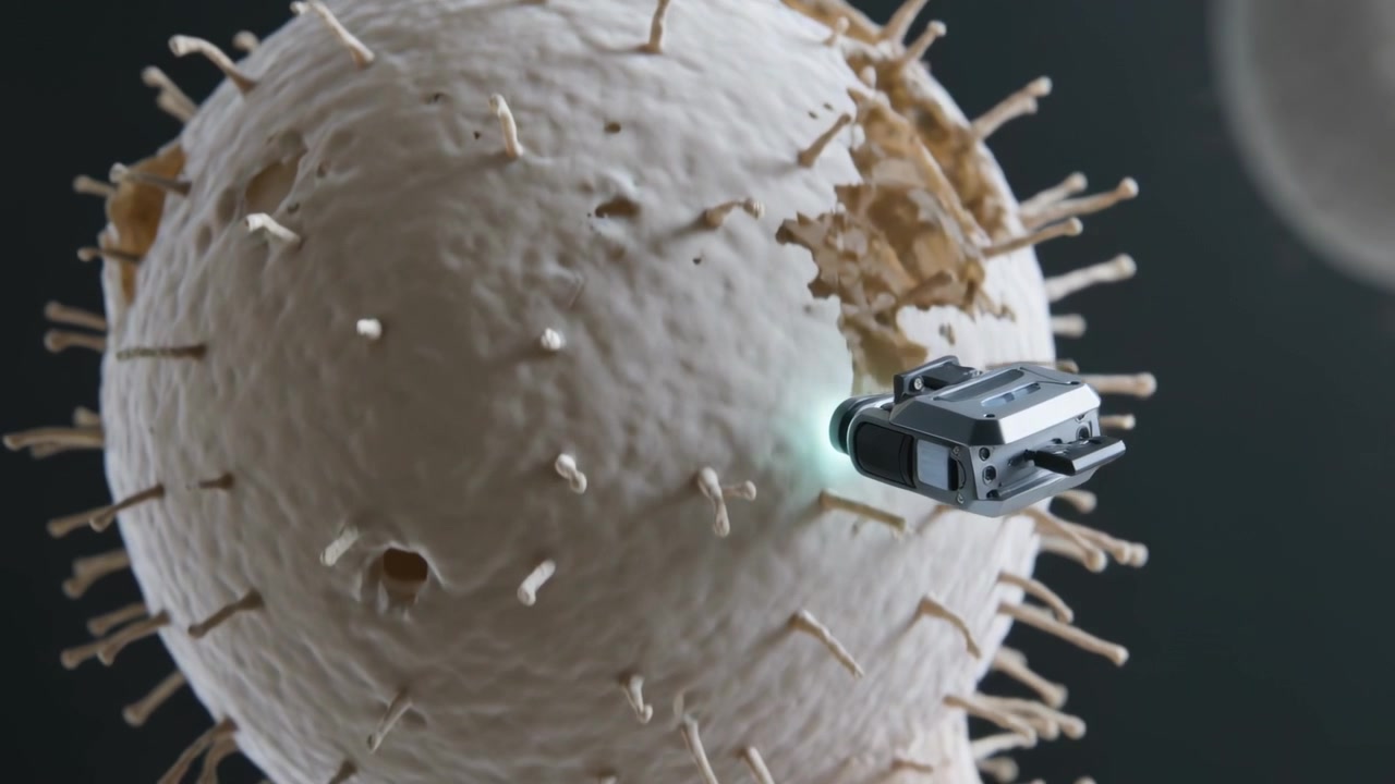Contatto con una grande cellula in fluido, nanoprobio verde che perfora la membrana, formando un tubo per aprire la cavità.
