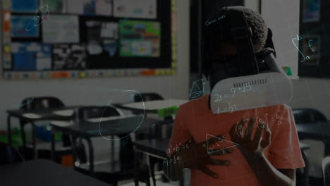 Animation of mathematical formulas over schoolboy using vr headset