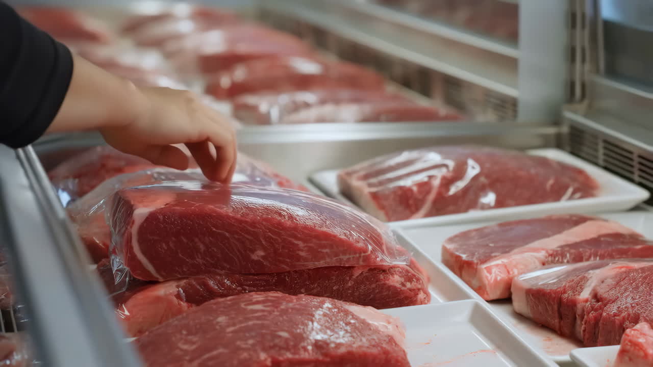 Person selecting packaged raw meat in a supermarket