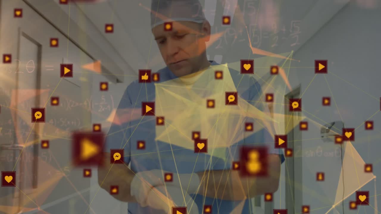 animación del procesamiento de datos sobre un médico caucásico que camina