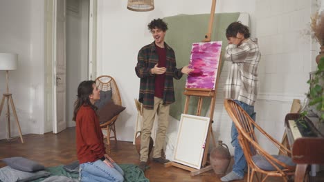 friends discussing art in a living room