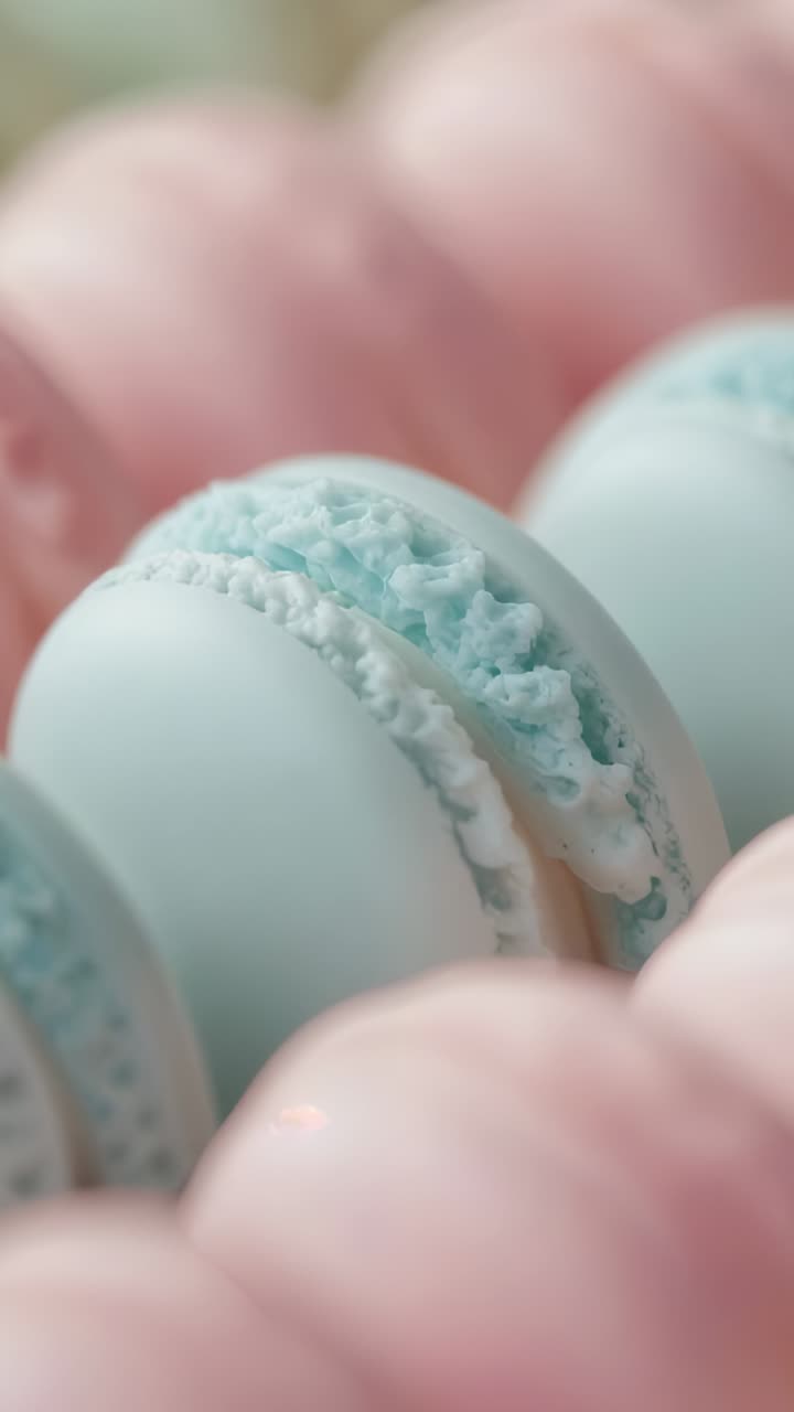 Vertical video: Moving lens showing blue macaron as focus shifting on tray with pink shells, cream