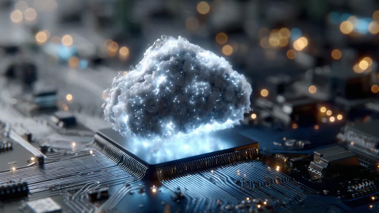 A Dynamic Cloud Emerges from a Circuit Board, Illustrating the Fusion of Digital Technology and Data Storage in a Futuristic Environment
