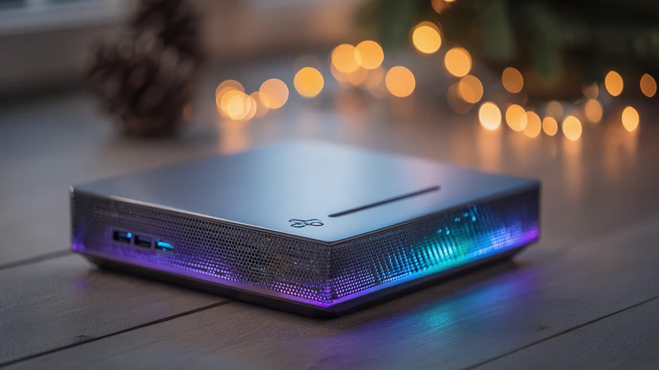 Un design di computer moderno ed elegante che mette in mostra vivaci illuminazioni a LED, trasudando eleganza e funzionalità in un'atmosfera morbida con elementi festivi.