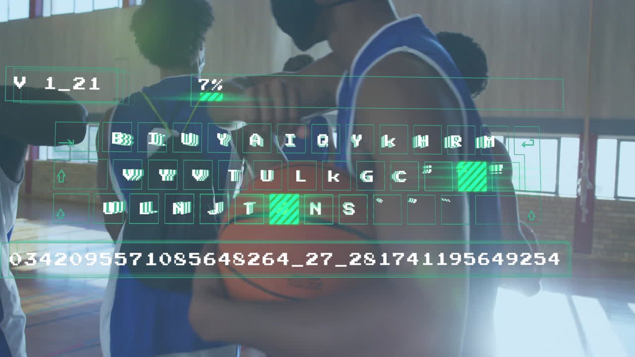 Basketball players holding ball with digital data and keyboard animation overlay
