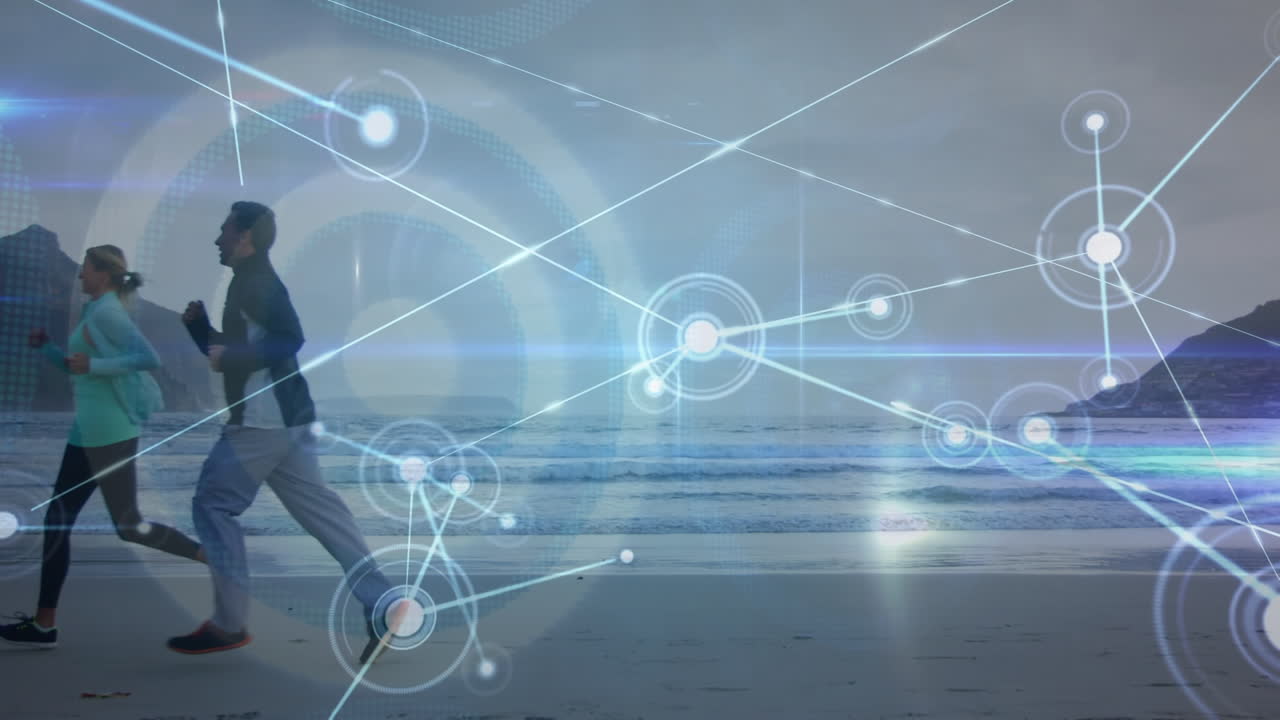 Animation of network of connections over woman and man running outdoors