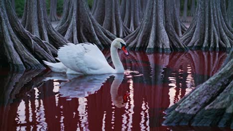 cisne blanco en un pantano rojo al atardecer