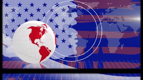 Animation-of-globe-spinning-with-data-processing-over-american-flag-and-map