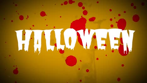 Animation-Von-Halloween-Schrift,-Blutflecken-Und-Rauch-Auf-Gelbem-Hintergrund