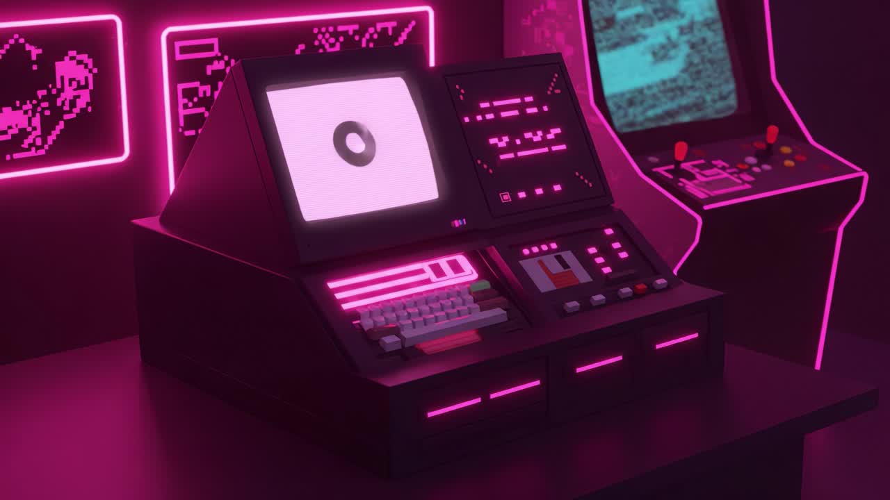 A Nostalgic Journey Through Retro Gaming: A Vintage Computer Terminal Glowing in Vibrant Neon Pink Amidst Classic Arcade Machines