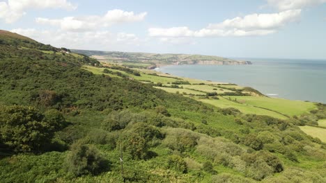 Aerial-drone-shot-of-North-Yorkshire-coastline-near-Ravenscar-with-green-fields-and-ocean