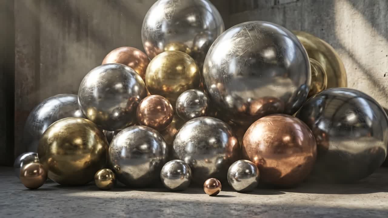 Sfere metalliche astratte in un contesto industriale