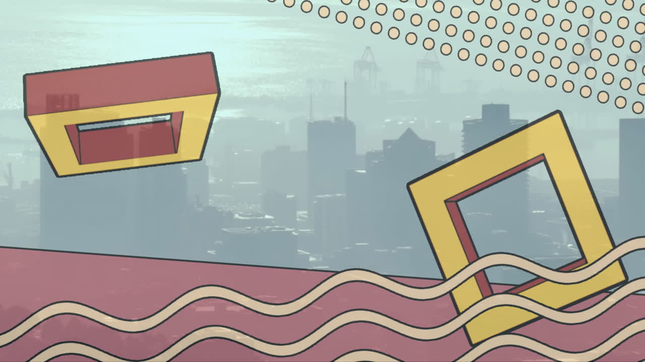 Animation of abstract geometric shapes over city skyline with cranes in background