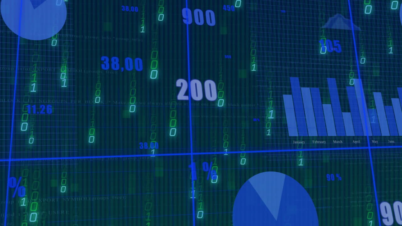 Highlighting numeral 200 floating over digital dashboard, showing streaming binary code, grid lines
