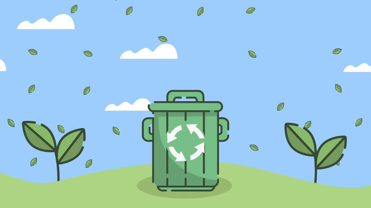 animación ecológica con escena de contenedor de basura de reciclaje