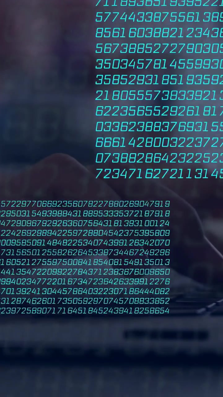Vertical video: Hands typing on laptop keyboard, causing teal digits rising into analytics matrix