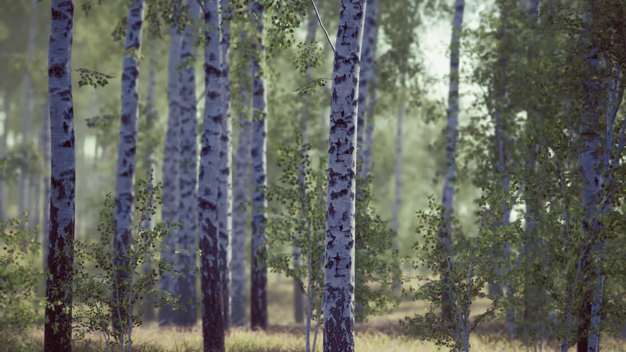 Birch trees in a serene forest setting during the early morning light