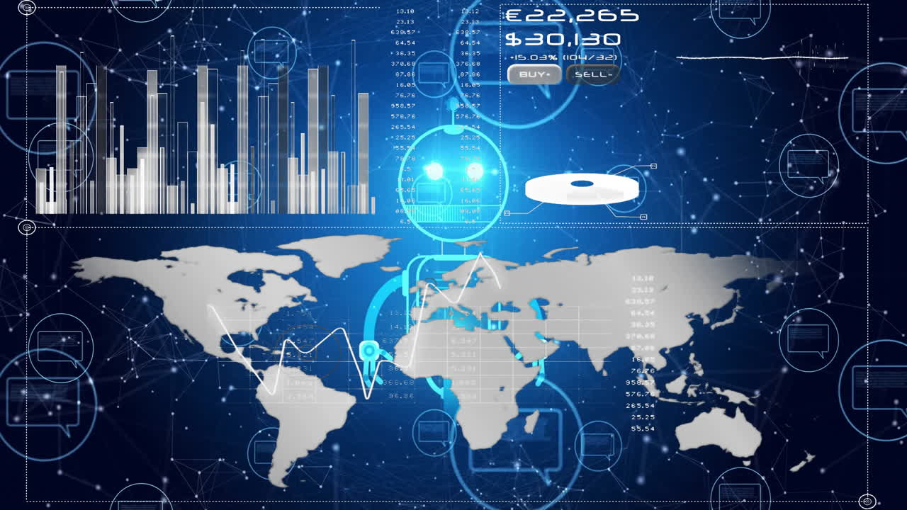 Financial data processing animation over world map and bar charts