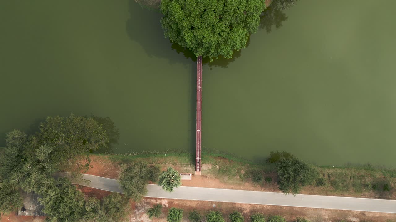 Aerial View of a Bridge Leading to a Tree-Covered Island in a Lake