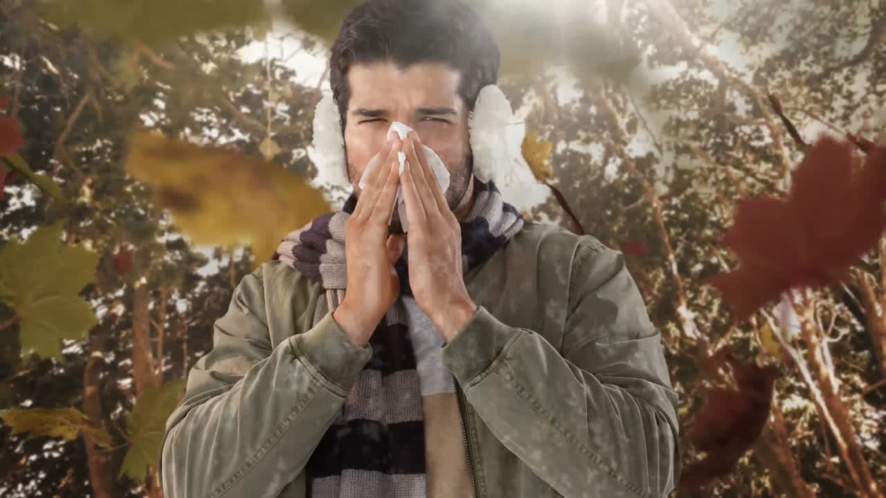 가을 잎이 떨어지고 알레르기가 있는 사람이 재채기 4k