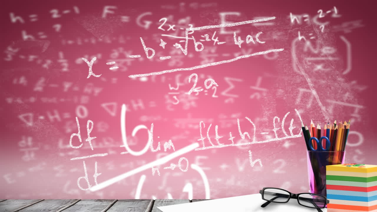 핑크색 배경에 수학 방정식이 새겨진 나무 위의 학교 기둥이 교육의 상징입니다.