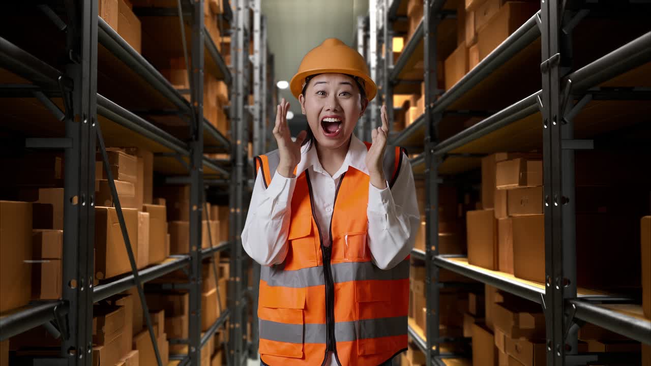 창고 노동자의 충격적인 표정은 창고 시설에서