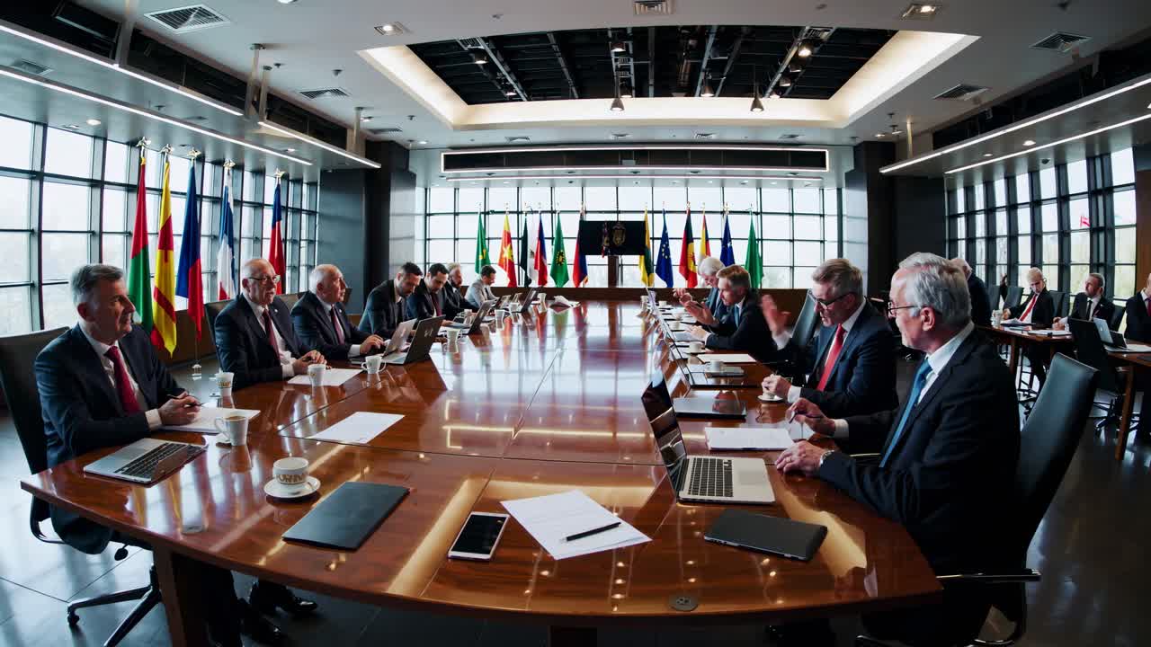 A low-angle video shot of a confident speaker in a suit at a podium, with modern lighting