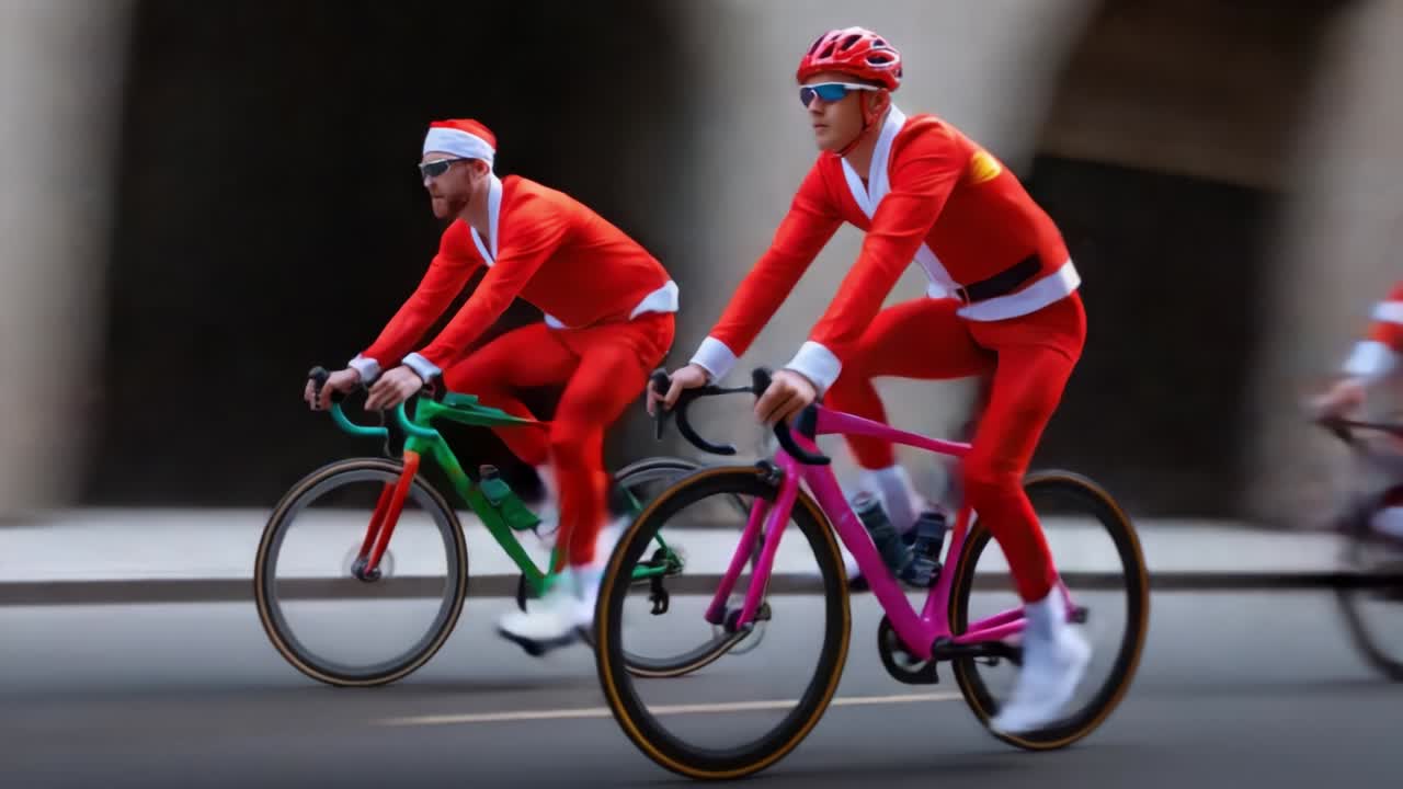 Festive cyclists in vivid Santa costumes race through the city streets on vibrant bicycles, showcasing a thrilling blend of holiday spirit and athletic enthusiasm in a playful urban setting