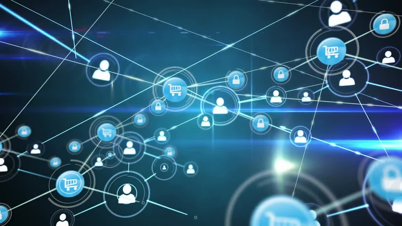 animación de la red de conexiones con iconos sobre fondo azul