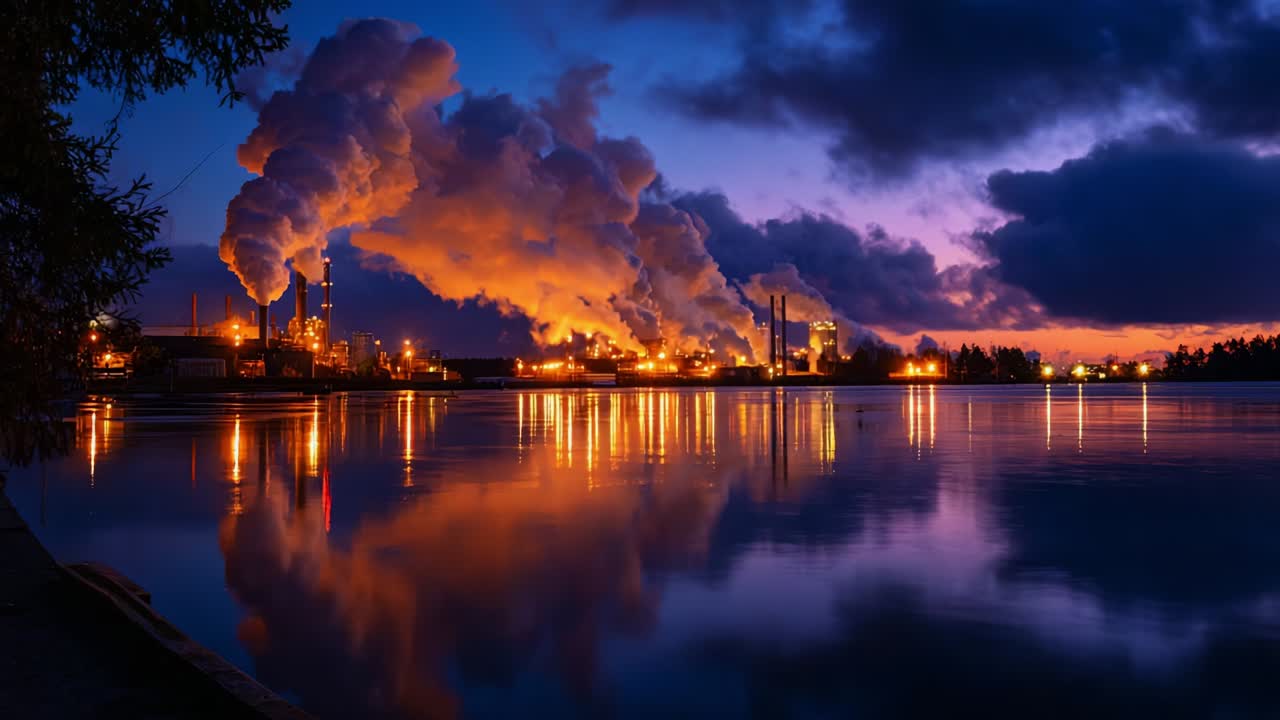 Skumring over et majestætisk industrielt landskab: Reflektionen af røg og lys på vand fanger med fantastiske farver og en overjordisk atmosfære, der viser industrialiseringens skønhed om natten