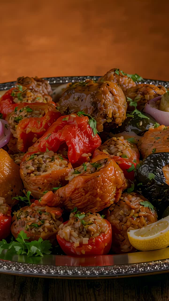 Video verticale: carrellata che svela un piatto con involtini ripieni di riso, pomodori e spicchio di limone su un tavolo